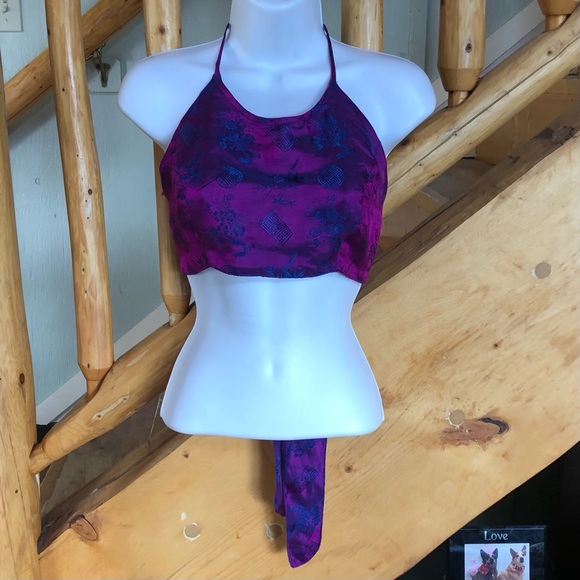 100% Silk Iridescent Halter Top Purple Blue Asian Print Belly Dance Boho - Picture 4 of 9